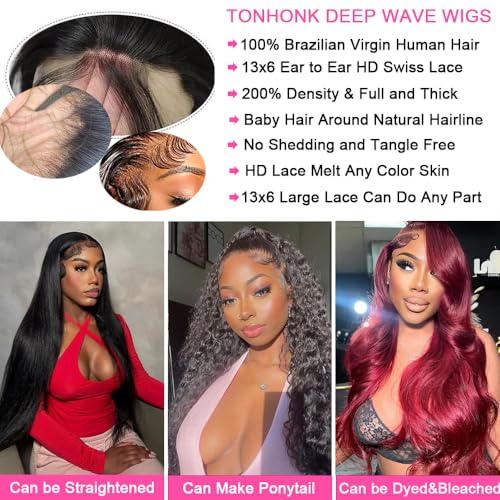30 Inch Deep Wave Lace Front Wigs Human Hair 200 Density 13x6 HD Lace Frontal Wigs Human Hair Pre Plucked Deep Curly Glueless Wigs Human Hair with Baby Hair Curly Wigs for Women Natural Color