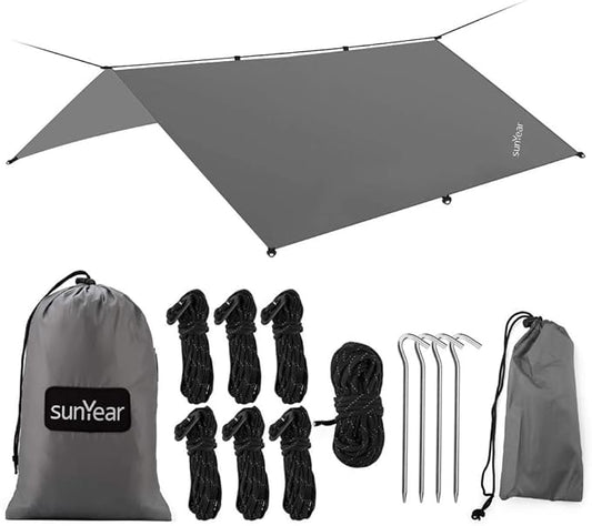 Hammock Rain Fly Tent Tarp Provides Effective Protection Against Rain, Snow. 32ft Long Ridgeline. Big 9.8x9.5ft Durable, Waterproof 210D Oxford. 6 Reflective Guy Lines, 2 Stuff Sacks. Easy Assembly