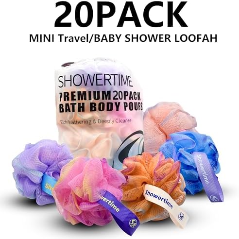 20 Pack Mini Shower Loofah Bath Sponge 20G, Soft Travel Size Nylon Mesh Puff for Body Wash, Loofah Shower Exfoliating Scrubber Pouf for Women and Men, Full Cleanse, Beauty Bathing Accessories