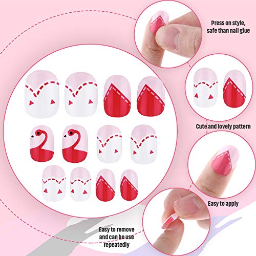 240 Pieces False Nails Kids Press on Short Artificial Fake Nails Cute Pre Glue Full Cover Acrylic Nail Tip Kit for Children Little Girls Nail Decoration, 10 Boxes (Pink Flower)