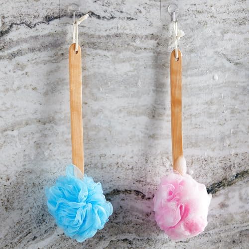 4 Pack Back Scrubber for Shower with Long Handle, Loofah on a Stick for Exfoliating, 4 Assorted Colors, 16 in - Body Scrubber - Loofah with Handle