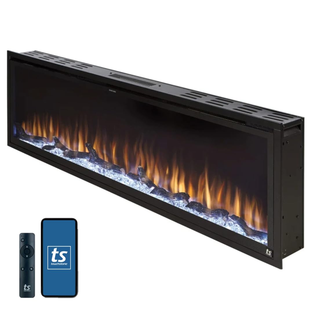 Touchstone Sideline Elite Smart 60” WiFi-Enabled Electric Fireplace - in-Wall Recessed - 60 Color Combinations - 1,500W Heater - Black - Log, Crystals & Driftwood - 80037