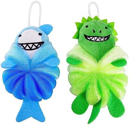 2 Pack Fun Bubble Bath Kid Loofahs, Cute Animal Loofah Bath Sponge, Shower Puffs Body Scrubber, Fun Bath Sponges - Shark and Dinosaur