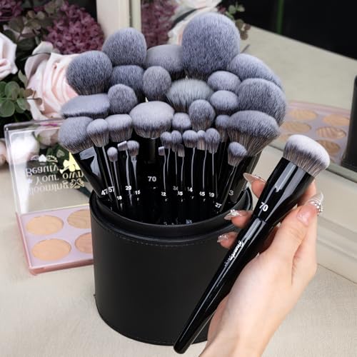 Bueart Design 32Pcs PRO Grade Makeup Brushes Set with Super large Holder, Premium Ultra-soft Synthetic Foundation Contour Powder Blush Concealer Eyeshadow Classic Black Make up Brush