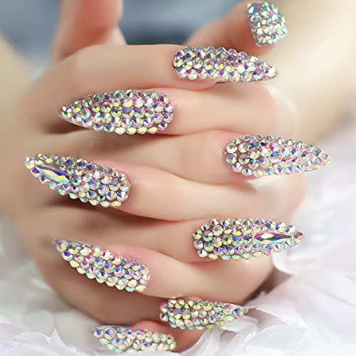 Handmade Press on Nails Full Cover Luxurious 3D Crystal False Nails Super Extra Long Stiletto Diamonds Art Decoration Fake Nails Manicure Kit Nail Art Tips Gift for Women Girls Wedding Party