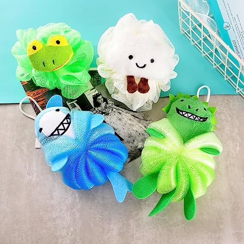 2 Pack Fun Bubble Bath Kid Loofahs, Cute Animal Loofah Bath Sponge, Shower Puffs Body Scrubber, Fun Bath Sponges - Shark and Dinosaur