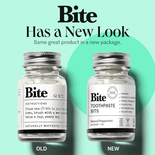 Bite Whitening Toothpaste Tablets – Nano Hydroxyapatite & Xylitol (Mint) | Sensitive Teeth Friendly | No Fluoride, Vegan, Cruelty-Free | Travel-Size | 2 Bottles (124 Bits) | Made in USA