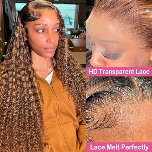30 Inch Ombre Deep Wave Lace Front Wigs Human Hair Pre Plucked Highlight Honey Blonde Deep Curly Wig Human Hair 200% Density 4/27 Colored Glueless HD Lace Frontal Wigs for Women