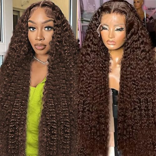 30 Inch Chocolate Brown Deep Wave Lace Front Wigs Human Hair 220 Density 13x6 HD Lace Frontal Wig Curly Human Hair Pre Plucked Wig for Women Brown Glueless with Natural Hairline