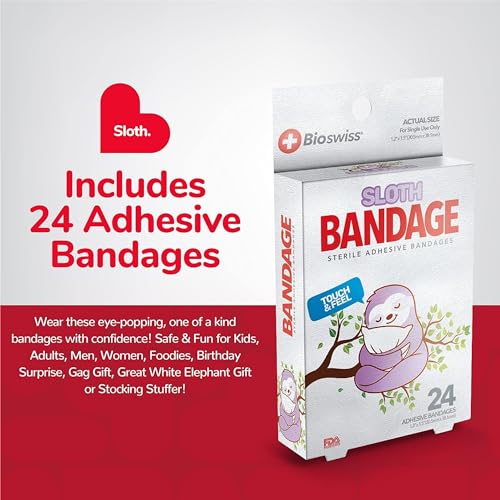 BioSwiss Bandages, Sloth Shaped Self Adhesive Bandage, Latex Free Sterile Wound Care, 24 Count