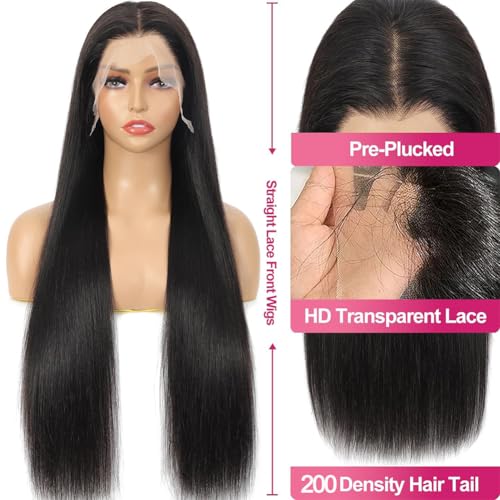 13x6 Lace Front Wigs Human Hair 200 Density Straight 13x6 HD Transparent Lace Frontal Glueless Wig Bralizian Human Hair Tiny Knots Natural Hairline with BabyHair (1B Black, 30 Inch)