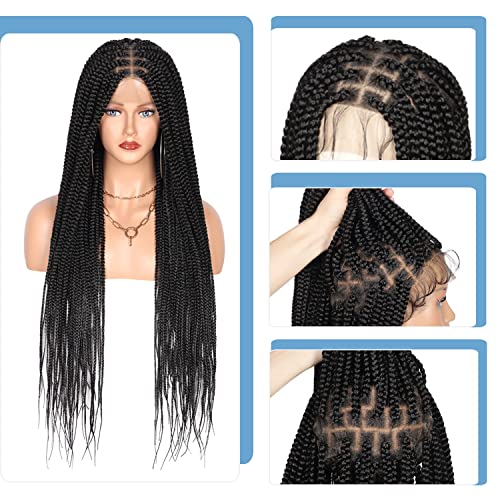 36" Knotless Braided Wigs Lace Front Box Braids Lace Frontal Wig for Women Premium Synthetic Black Hand Full double lace Braid Wig With Baby Hair