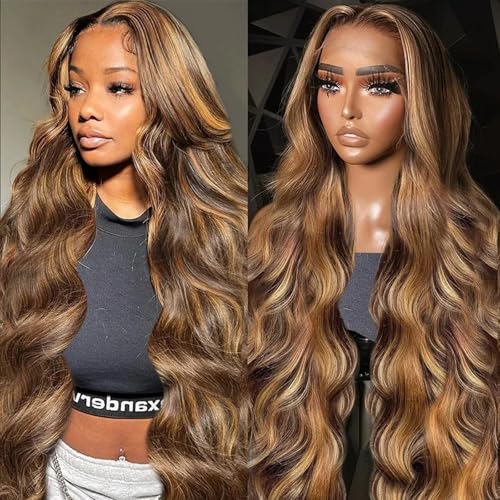30 Inch 13x6 Lace Front Wigs Human Hair Honey Blonde Body Wave HD Lace Front Wigs 200 Density Ombre Highlight Human Hair Wig Pre Plucked with Baby Hair P4/27 Colored Lace Front Wigs for Women