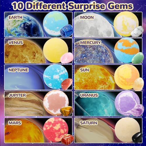 10 Pack Galaxy Bath Bombs for Kids with Surprise Toys Inside Organic Bubble Bath Bombs with Solar System Gemstones Easter Christmas Birthday Gift for Kids Boys Girls