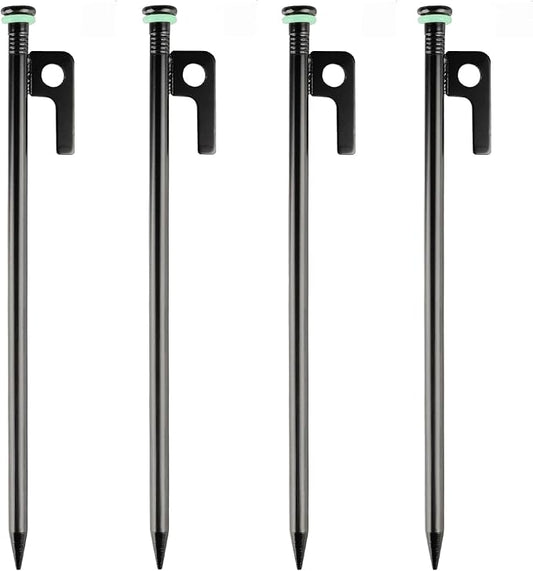 4 Pack Tent Stakes Heavy Duty Metal Tent Pegs with 10in Steel Tent Stakes+Fluorescent Silicone Rings+Special Bag for Camping Used on Rocks, Grassland (10in - 4 Pack)
