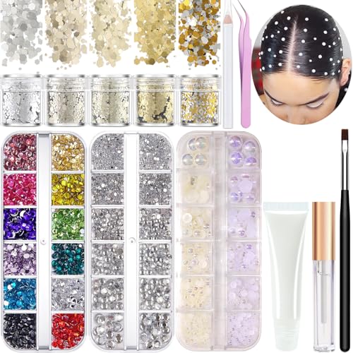 Hair Face Gems Rhinestones with Makeup Glue, Flat Back Colorful Jewels Crystal Half Round Pearl Gold Holographic Glitters Sequins Kit, Wax Pencil Tweezer and Brush for Face Eye Hair Body Makeup