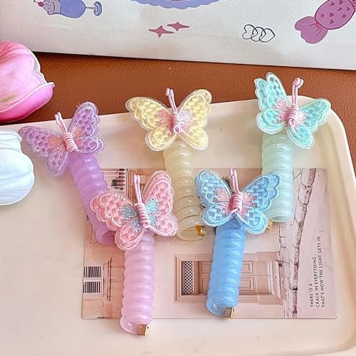 10Pcs Embroidered Butterfly Headband Spiral Hair Ties No Damage,Colorful Butterfly Telephone Wire Hair Bands for Kid Cute Butterfly Ponytail Holders Headbands Telephone Cord Hair Ties Hair Accessories