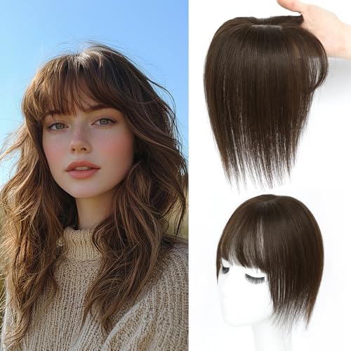 Hair Toppers for Women Real Human Hair, 360°3D Cover Topper for Women with Thinning Crown Wispy Clip in Bangs Realistic Scalp Line Hair Pieces (Medium Brown, Wispy Bangs)