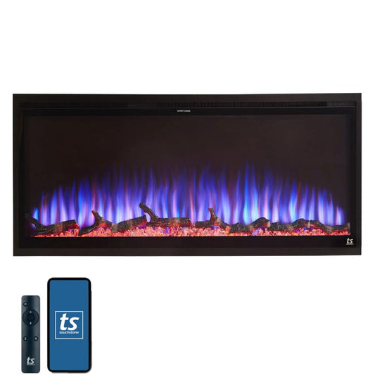 Touchstone Sideline Elite Smart Electric Fireplace - Alexa/WiFi Enabled- 42" Wide - in Wall Recessed - 60 Color Combinations - 1,500W Heater - Black - Log, Crystals, and Driftwood