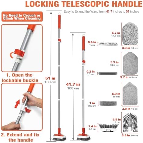 JEHONN Shower Cleaning Brush, Tub Tile Scrubber with Telescopic 51 inches Long Handle, 4 Scrub Heads for Bathroom Bathtub Floor Baseboard Sink Toilet