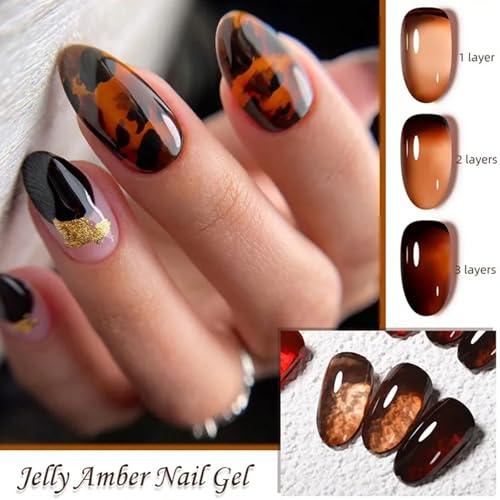 Jelly Amber Gel Polish Set - 6 Translucent Nude Gel Nail Polish, Sheer Tortoise, Red Coral, Burnt Orange, Grey, Amber, Brown - Soak Off UV LED Manicure Art Kit For DIY Home