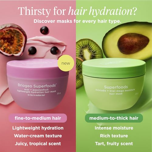 Briogeo Superfoods Acai + Passionfruit Lightweight Hydration Hair Mask – Deep Conditioner for Fine Hair, Boosts Shine & Softness, Weightless Moisture, Vegan & Cruelty-Free