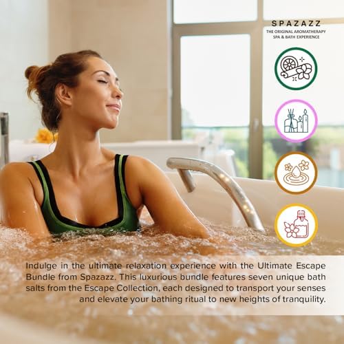 Hot Tub & Spa Bath Salt Aromatherapy Crystals - Spazazz Escape Collection 4 Oz 7-Pack Sampler & Hot Cold Towel - Lavender, Lime Coconut, Green Tea, Vanilla Jasmine, Kiwi Pear, Grapefruit, Pomegranate
