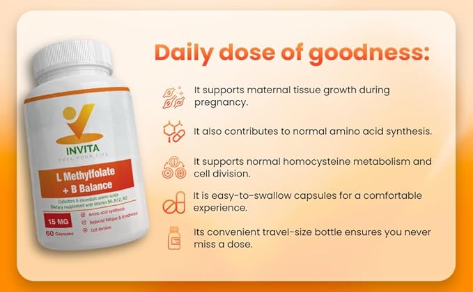 INVITA L-Methylfolate + B Balance (15mg) - 5-MTHF, B6, B2 & B12 Methylcobalamin B Complex - 60 Capsules - Professional Strength Active Methyl Folate - Non GMO, Gluten Free, No Fillers