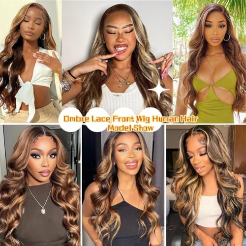Honey Blonde Ombre Lace Front Wig Human Hair Highlight Body Wave Lace Front Wigs Human Hair Pre Plucked 200 Density Glueless Wig 13X6 HD Lace Frontal Wig for Women 4/27 Colored 28 Inch