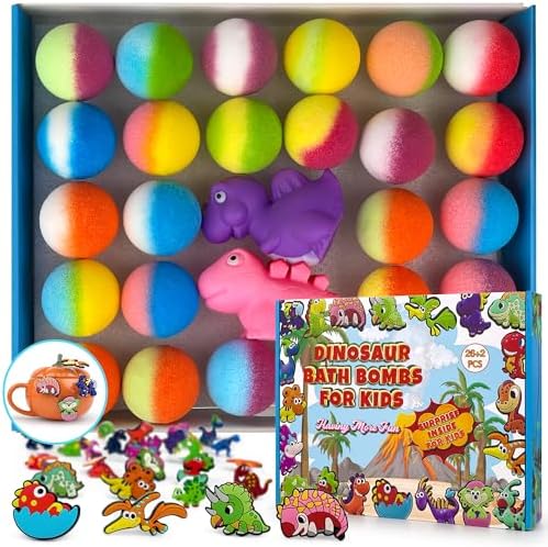 26+2 PCS Bath Bombs for Kids with 26 Dinosaur Suction Toys Inside, Organic Kids Bath Bombs Gift Sets with 2 Squeeze Dinosaur Toys for Boys & Girls on Birthday, Easter, Christmas, Lavender