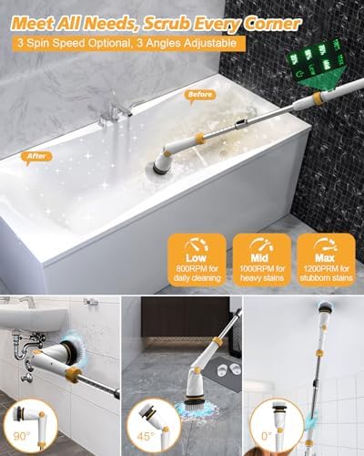 4000mAh Battery Electric Spin Scrubber, 1200 RPM Power Electric Scrubber for Cleaning,3 Speed Adjustable Handle Cordless Shower Cleaning Brush.
