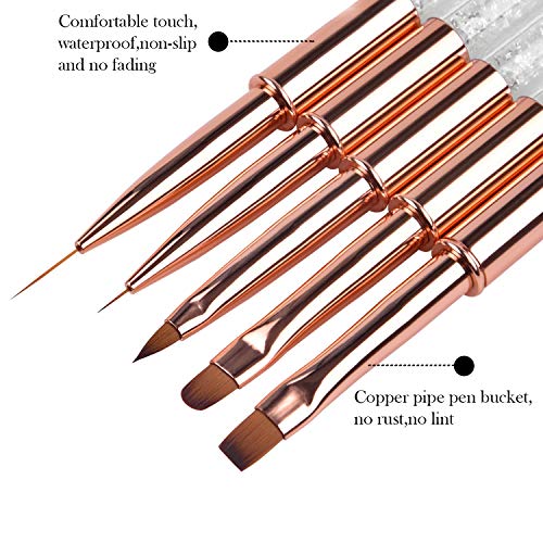 5pc Nail Art Brush Set - Rose Gold Rhinestone Handles with Gel Polish, Liner, Drawing Brushes for Salon & DIY Manicure