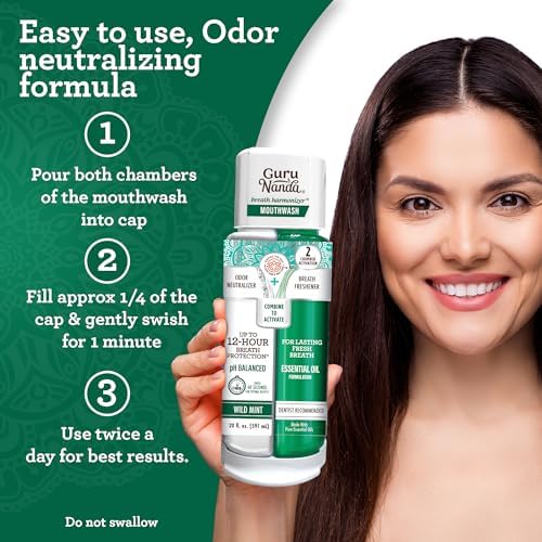 GuruNanda Dual Barrel Breath Harmonizer Mouthwash - Freshens Breath - Alcohol & Fluoride Free with Sodium Chlorite & Essential Oils - Wild Mint Flavor, 20 Fl Oz