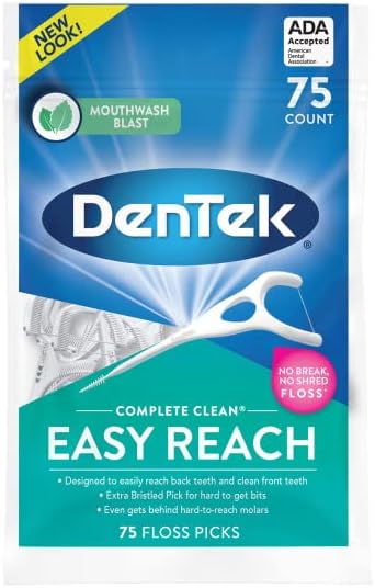 DenTek Complete Clean Easy Reach Floss Picks, Advanced Fluoride Coating, Mouthwash Blast Flavor, 75 ct. (Pack of 6)