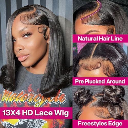 Hihmarm Bob Wig Human Hair 13x4 HD Lace Front Wig Glueless Wigs Human Hair Pre Plucked Short Bob Lace Front Wigs Human Hair For Black Women Nature Hairline 180% Density 14 Inch