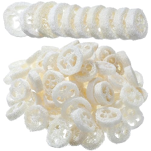 Bokon 120 Pcs Natural Loofah Slices for Soap Making Bulk Reusable Natural Loofah Sponge Organic Exfoliating Bath Shower Luffa Small Scrubber, Bright White