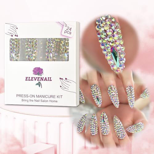 Handmade Press on Nails Full Cover Luxurious 3D Crystal False Nails Super Extra Long Stiletto Diamonds Art Decoration Fake Nails Manicure Kit Nail Art Tips Gift for Women Girls Wedding Party