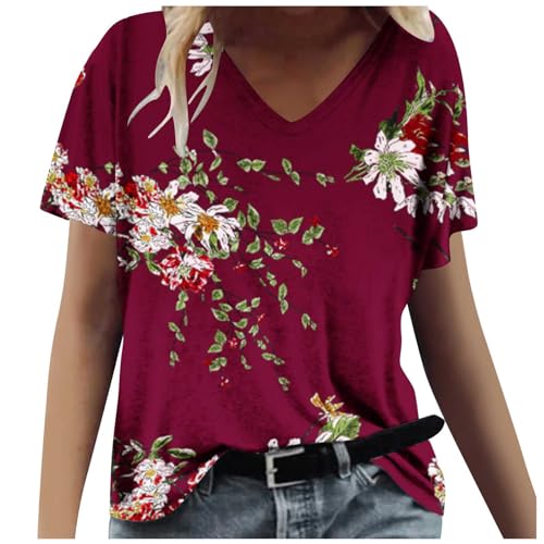 Blouses for Women Dressy Casual Clearance Women Tshirt Dresses Clearance Summer Tops for Women 2024 Short Sleeve V Neck T Shirts Trendy Vintage Printed Basic Tees Loose Comfy Blouses Casual Outfits