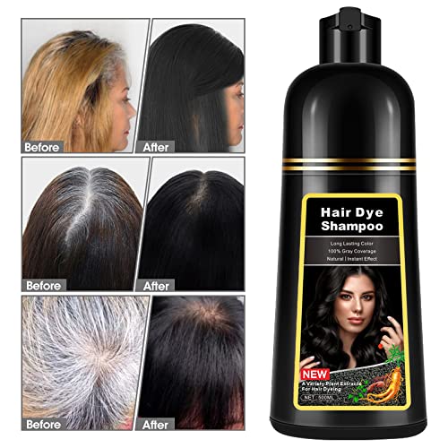 Instant Black Hair Dye Shampoo 3 in 1 for Men Women, Herbal Hair Color Shampoo for Gray Hair Coverage, Natural Champu Para Canas Easy to Use 17.6 FL OZ (Black)