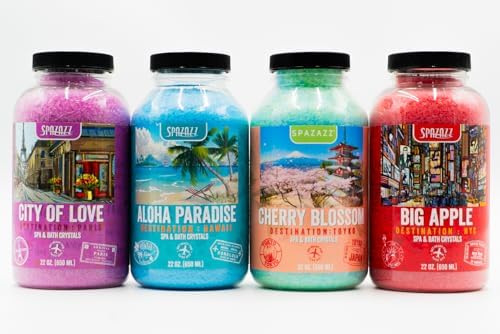 Hot Tub & Spa Aromatherapy Bath Salt Crystal Scents Spazazz Destinations Collection Bundle Aloha Paradise, Big Apple, City of Love, Cherry Blossom - Skin Moisturizer - Will Not Damage Spas & Hot Tubs