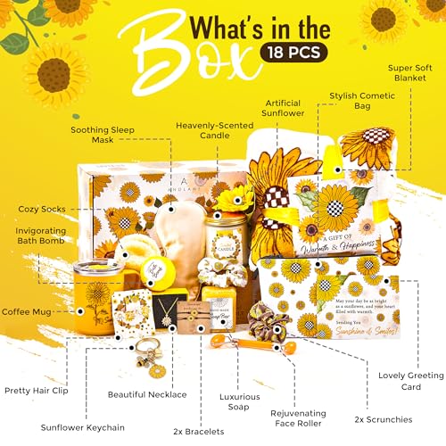 18Pcs Sunflower Gifts for Women - Unique Gift Basket Set - Birthday Gifts for Women, Best Friend, or Sister - Sunshine Box Care Package, Get Well Soon, Thinking of You, Friendship Basket