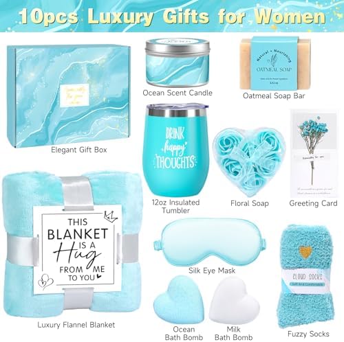 Birthday Gifts for Women, Christmas Self Care Gifts Get Well Soon Gifts Basket, Ocean Relaxing Spa Gifts Care Package w/Luxury Flannel Blanket, Unique for Mom Her Friend Sister