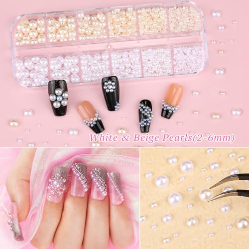 12 Boxes Nail Art Kit, Colorful Crystal Rhinestones Nail Jewels Flatback Pearls Acrylic Flower Nail Charms Caviar Beads 3D Metal Gold Studs Rivet Holographic Iridescent Sequins with Pickup Tools