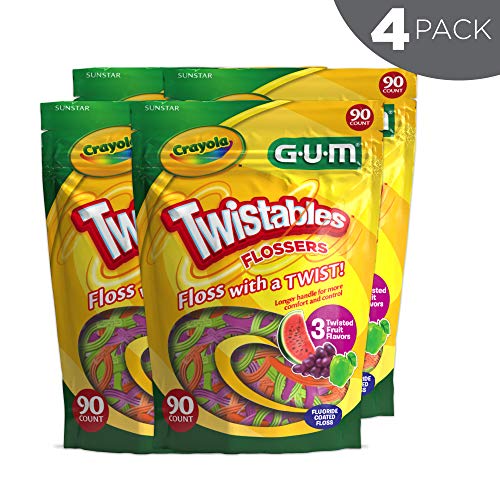 GUM Crayola Twistables Kids Flossers with Fluoride - Designed for Little Hands - Three Fun Fruit Flavors - Easy to Use Kids Floss Picks for Children Ages 3+, 90 ct (4pk)