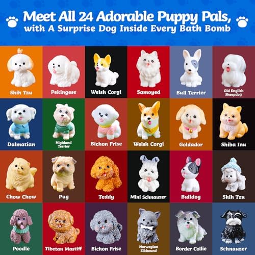 24 Pack Puppy Bath Bombs for Kids – Each with Surprise Puppy Figurine Inside, 12 Unique Scents, Bath Bombs with Toys, Gentle on Skin, Birthday Party Favors & Summer Gifts for Boys and Girls