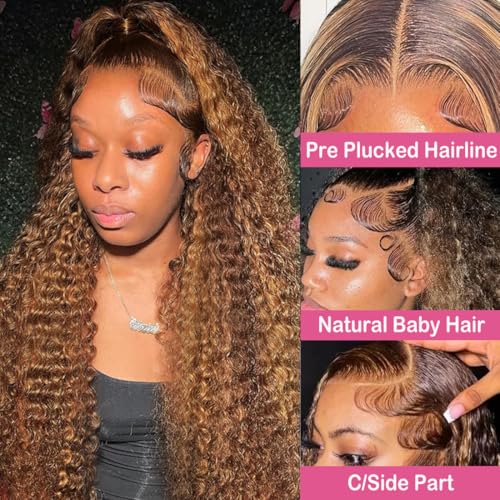 30 Inch Ombre Deep Wave Lace Front Wigs Human Hair Pre Plucked Highlight Honey Blonde Deep Curly Wig Human Hair 200% Density 4/27 Colored Glueless HD Lace Frontal Wigs for Women