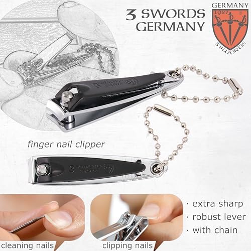 3 Swords Germany – Brand Quality fingernail & toenail Clipper, Manicure, Pedicure Nail Care by with Metal Nail File and case, Black Edition