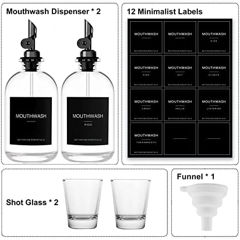 Black Glass Mouthwash Dispenser with Cups, 12.7 oz, 2 Pack - Clear Mouthwash Bottle with 304 Stainless Steel Spout & Minimalist Labels, Style Mouthwash Container for Bathroom
