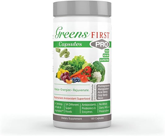 Greens First PRO Phytonutrient Capsules - 30 Servings - 54 Antioxidant Superfoods, Organic Fruits & Vegetables - Prebiotics, Probiotics & Digestive Enzymes - Dairy & Wheat-Free, Non-GMO - 180 Capsules