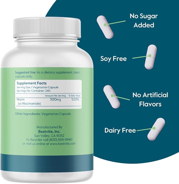 BESTVITE Niacinamide 500mg (240 Vegetarian Capsules) - No Stearates - Vegan - Gluten Free - Non GMO